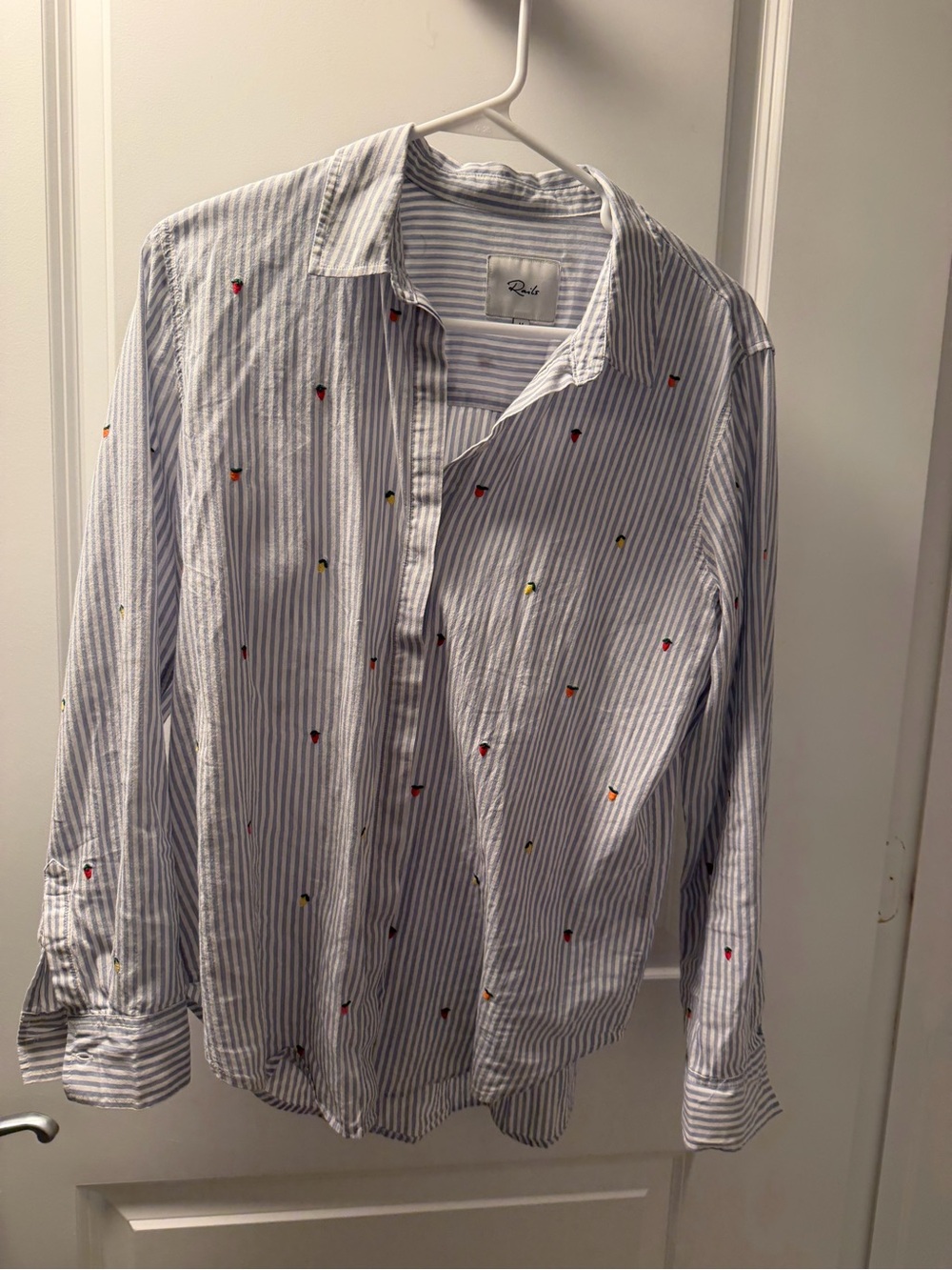 Rails Womens Blue & White Striped Button-Shirt with Embroidered fruit, Medium
